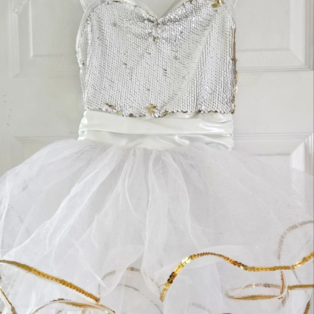 Weissman Dance Costume Size MC White Gold Recital Halloween Princess Ballet Tap